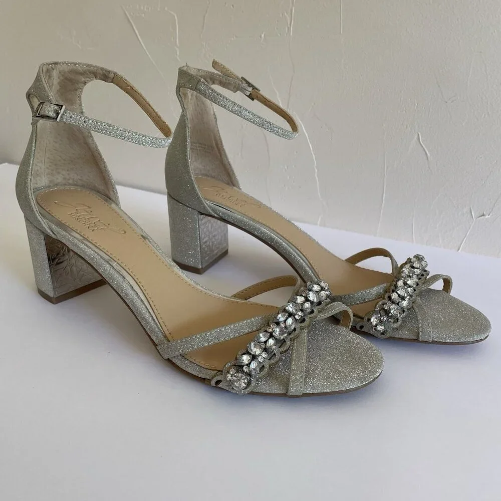Badgley Mischka Silver Sparkle and Crystals Rhinestone Sandals Block Heels US 8